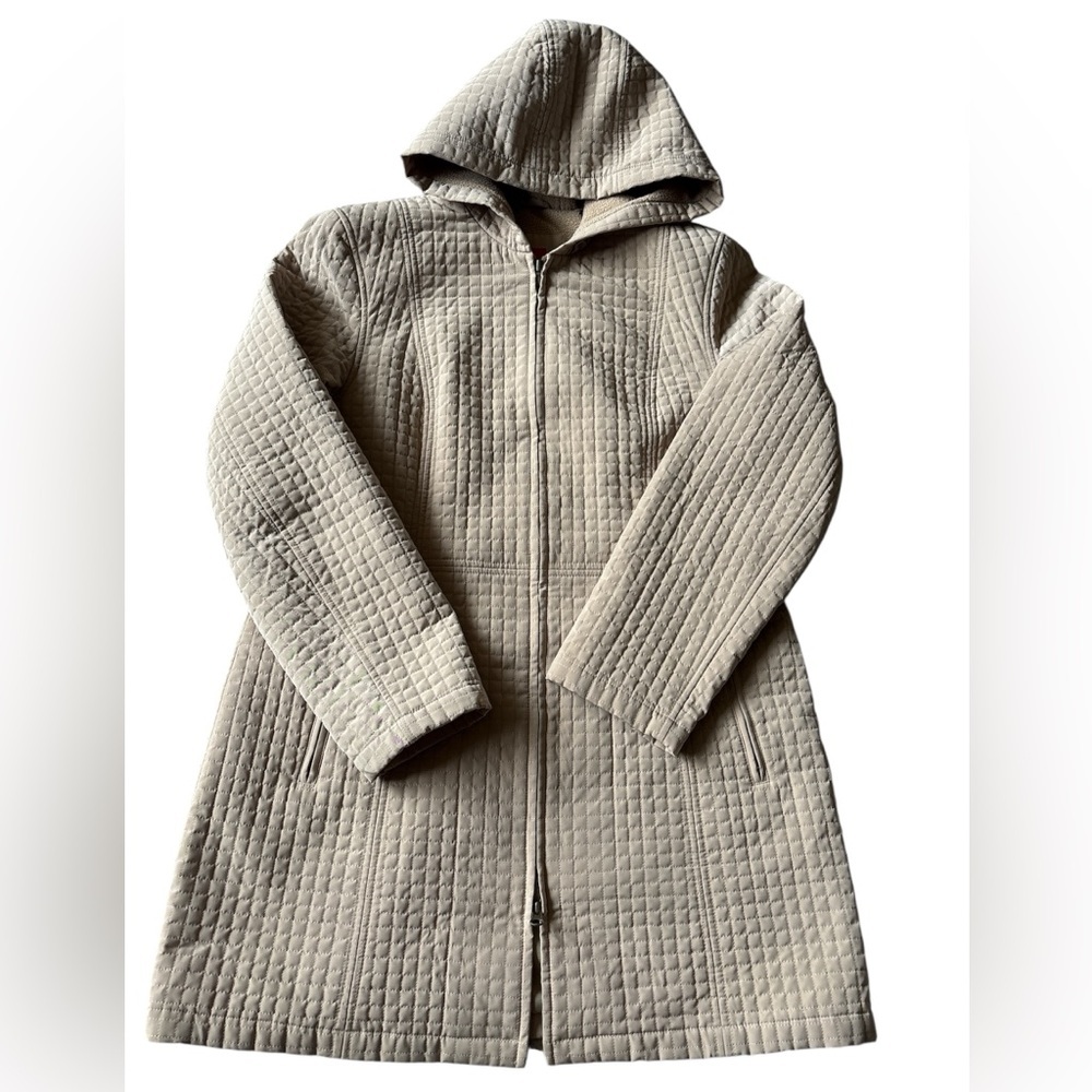 Esprit Women’s Quilted Hooded Coat Beige Long Jacket Size L Warm Outerwear
